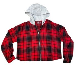 Red Plaid gray Hoodie Shirt long sleeves juniors size small oversized top zip up
